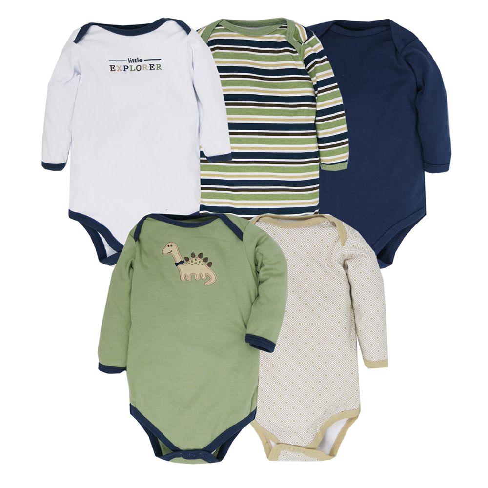 美國 Luvable Friends - 甜蜜寶貝嬰幼兒100%純棉長袖包屁衣5件組-微笑恐龍