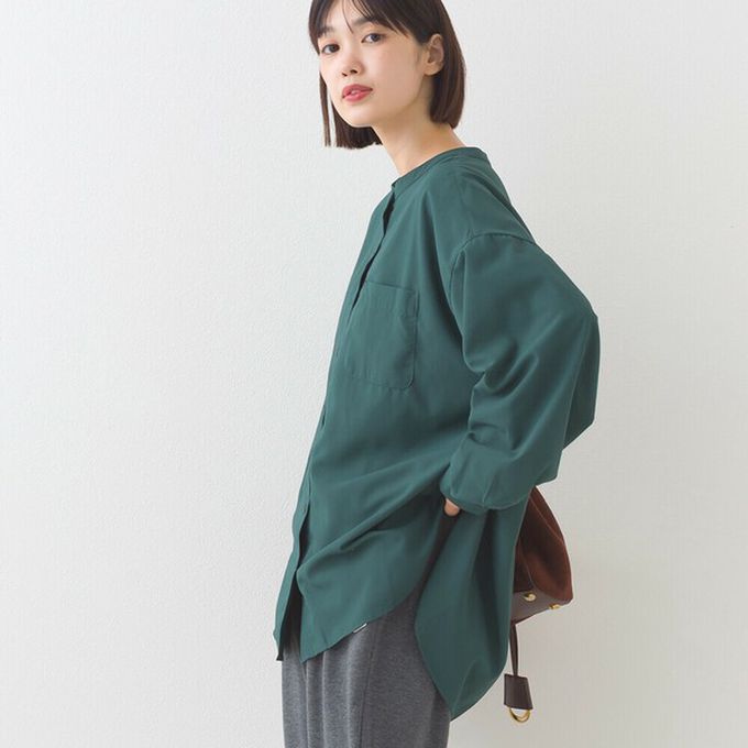 日本 OMNES - 柔滑科技棉 小立領長袖襯衫-黑