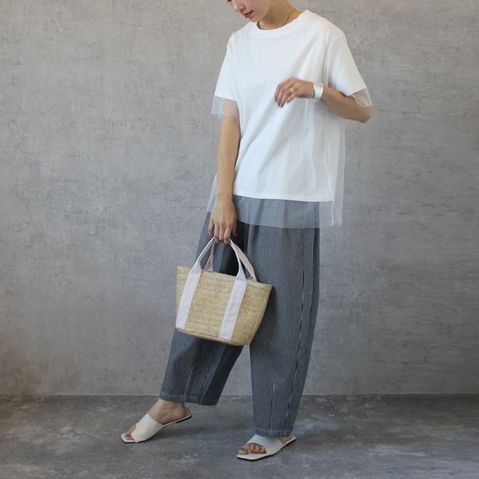 日本女裝代購 - [熱銷款] 超藏肉休閒錐形美腿褲-丹寧-條紋海軍身深藍