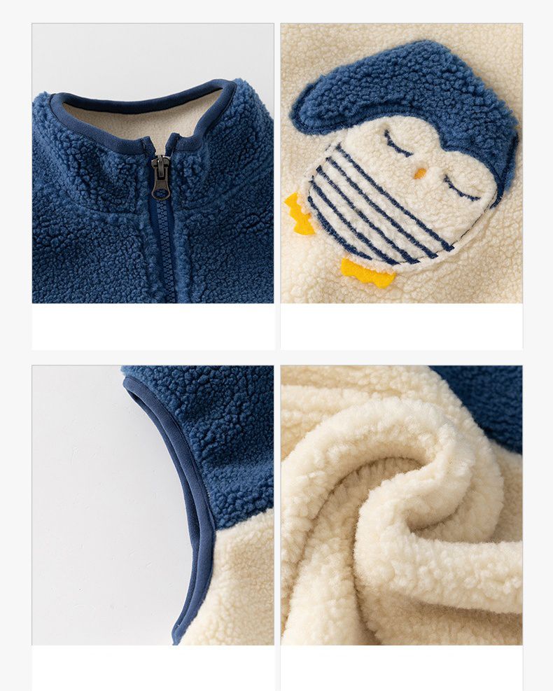 搖粒絨保暖兒童背心-企鵝口袋-杏+藍