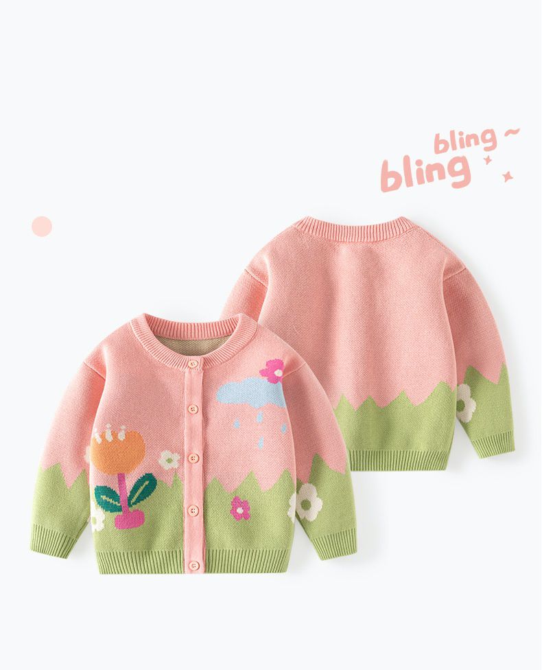 純棉圓領針織排釦外套-花花世界-粉色