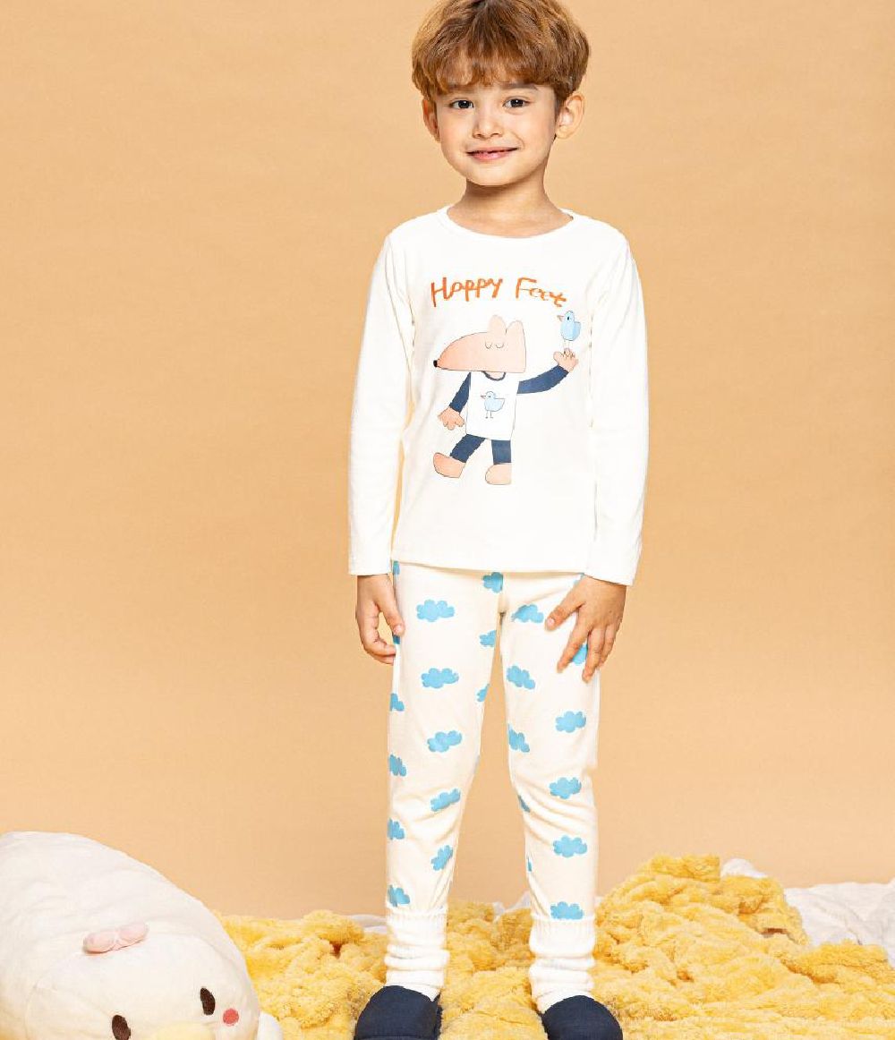 超細絨毛混織彈性長袖家居服-狐狸雲朵-象牙白