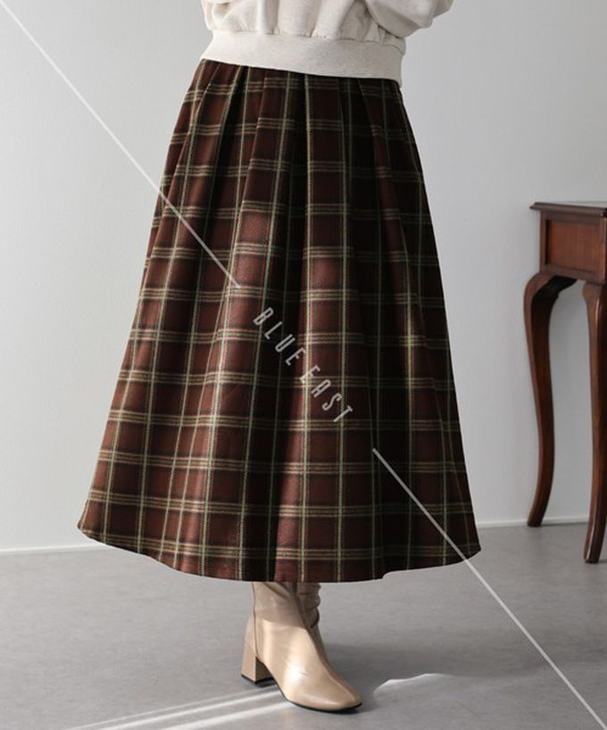 日本 BLUE EAST - 經典格紋挺版皺摺長裙(有口袋)-咖啡棕