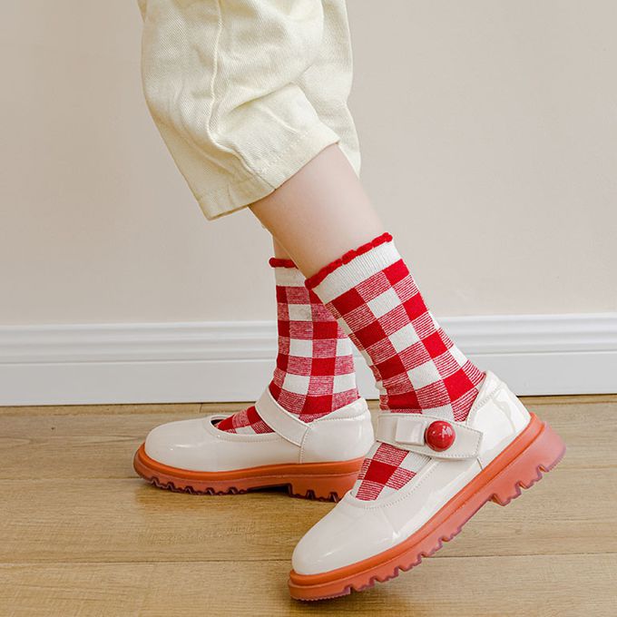 腳ㄚ子 - 幼/兒童棉質中筒襪 童襪 襪子 棉襪 兒童襪-絳紅飛花