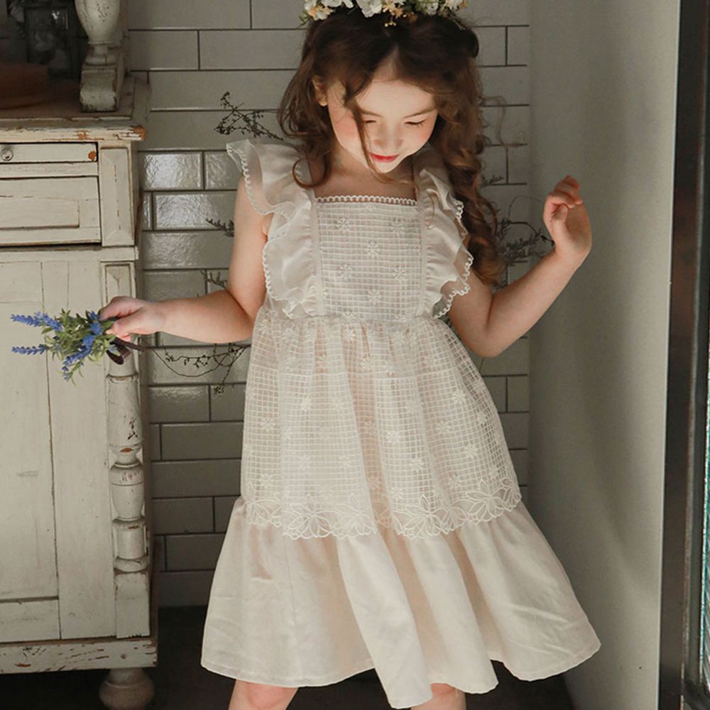 韓國 PuellaFLO - 假兩件格子花朵圍裙洋裝-米白
