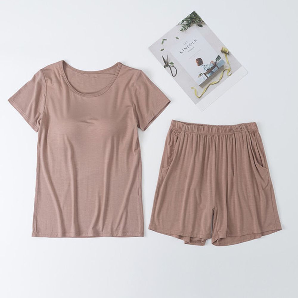 莫代爾柔軟涼感Bra T家居服-短褲套裝-卡其色