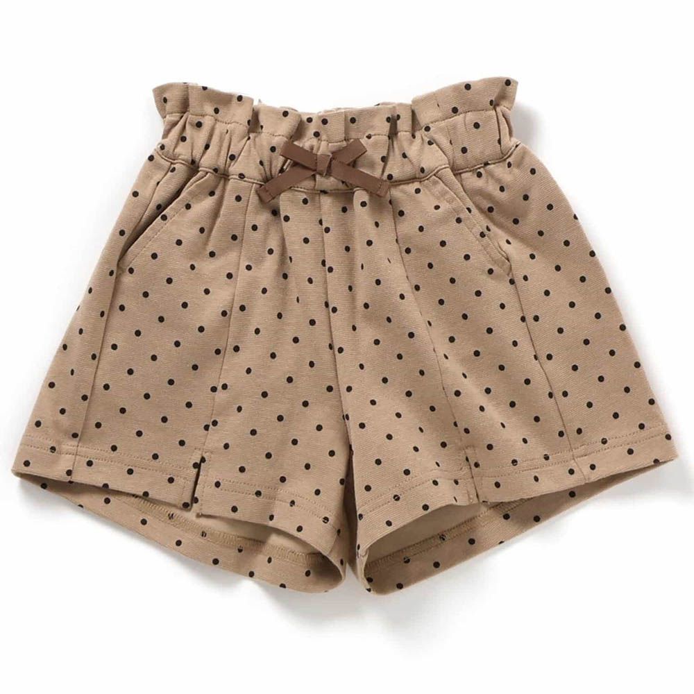 腰蝴蝶結優雅摺線短褲-點點-淺棕