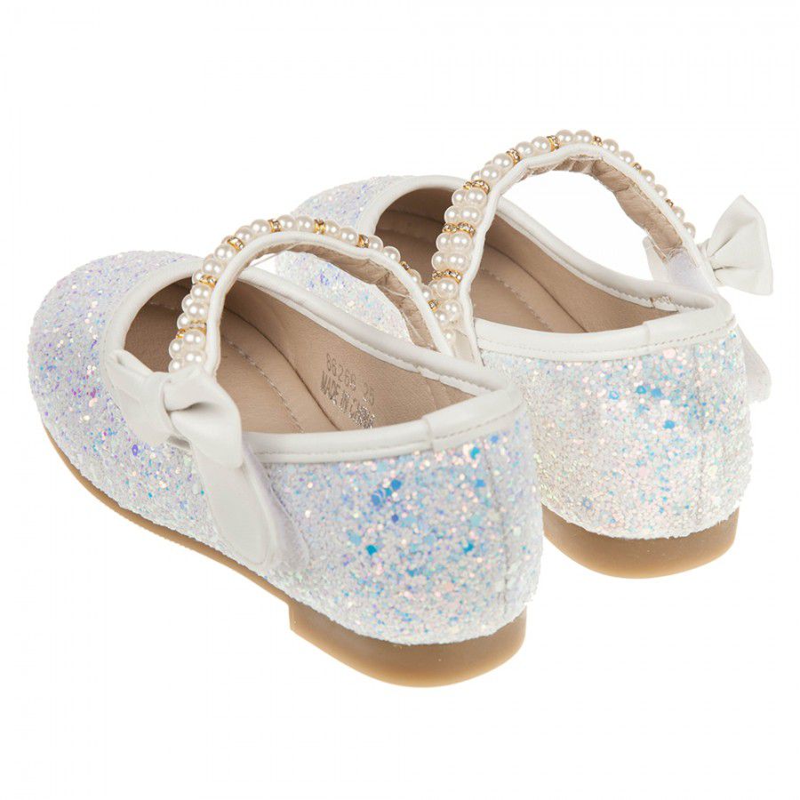 珍珠鍊帶冰藍亮片白色兒童公主鞋