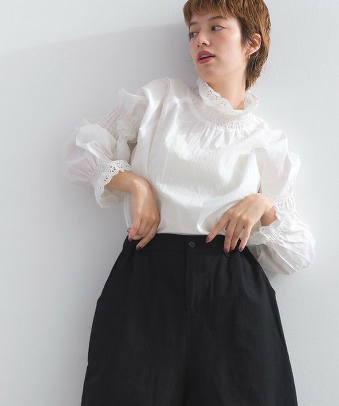 日本 Lupilien - 100%棉 典雅貝殼蕾絲宮廷長袖上衣-黑