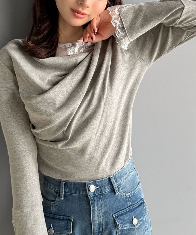 日本 Classical Elf - 蕾絲皺摺美型喇叭袖上衣-淺灰