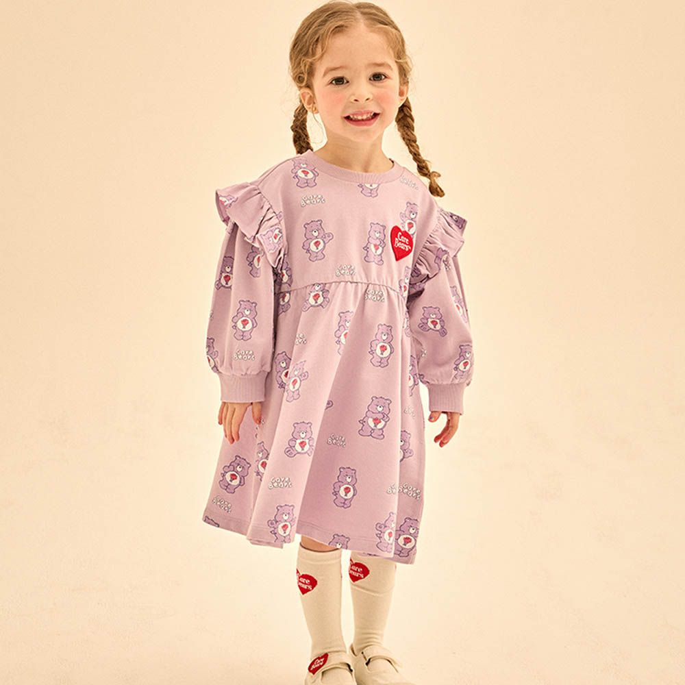 聯名款甜心奶昔熊長袖拼接洋裝-紫