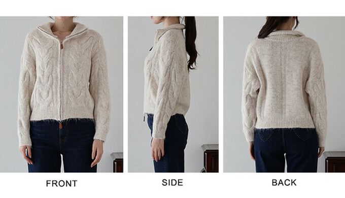 日本 BLUE EAST - 混羊毛麻花紋路立領雙拉鏈針織外套-咖啡