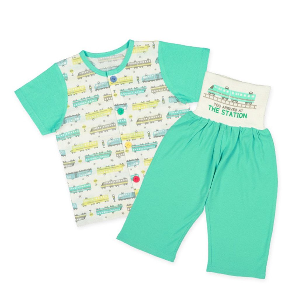 腹卷 前開式短袖睡衣/家居服套裝-電車-綠