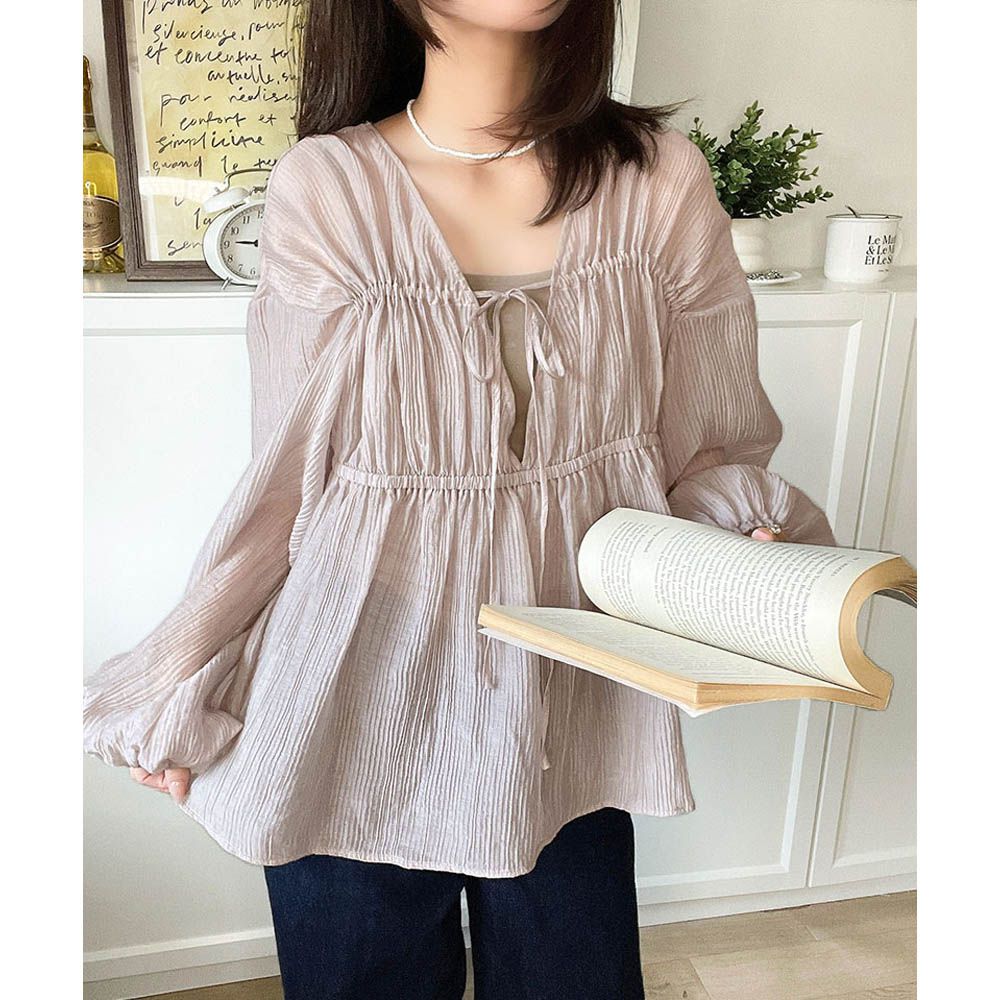 浪漫優美透膚2way長袖罩衫-淺粉棕