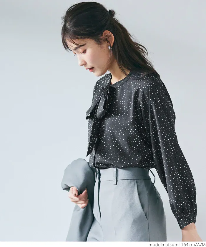 日本 COCA - 優雅紐結雪紡長袖上衣-點點-白