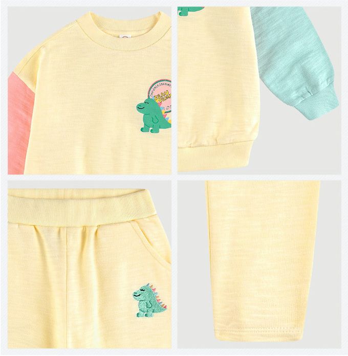 韓國 milk mile - 恐龍印花圓領長袖套裝-香草黃