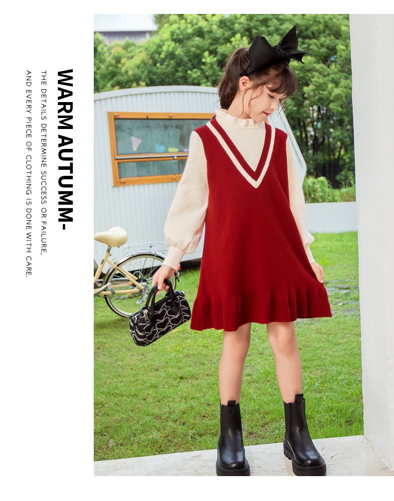 假兩件V領泡泡袖毛衣連身裙-黑色