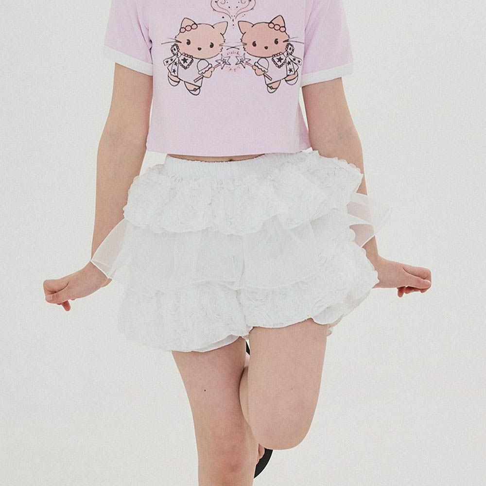 鬆緊腰浪漫蕾絲網紗蛋糕褲裙-白