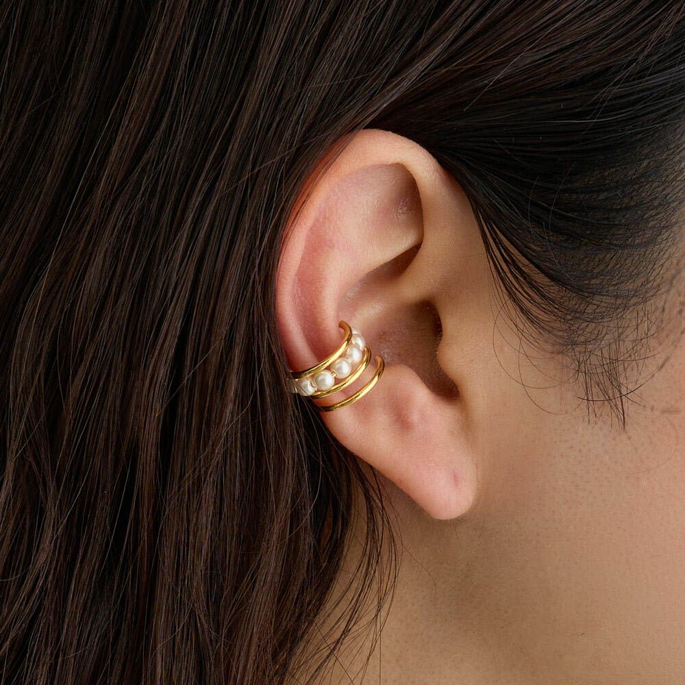 日本製 小巧珍珠線條耳骨夾-金