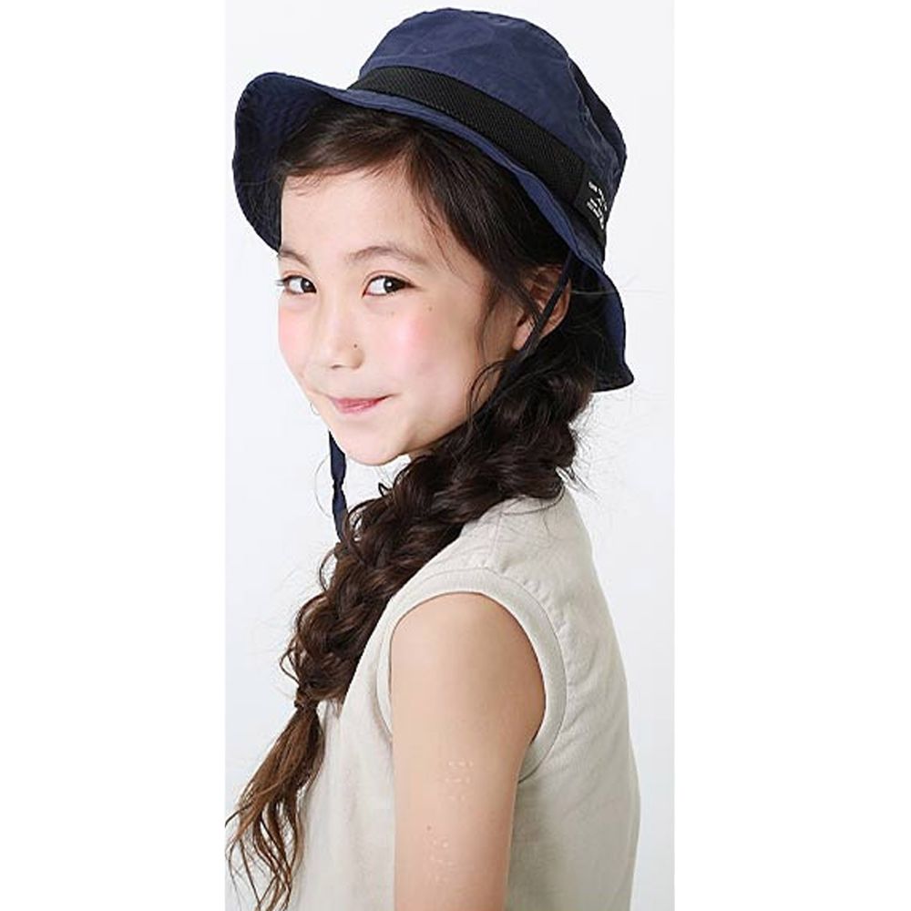 日本 devirock - 撥水加工抗UV可收納透氣兒童遮陽帽(附帽帶)-深藍