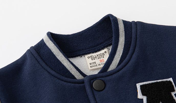 WELLKIDS - 加絨拼色休閒棒球外套-英文字A-深藍+灰