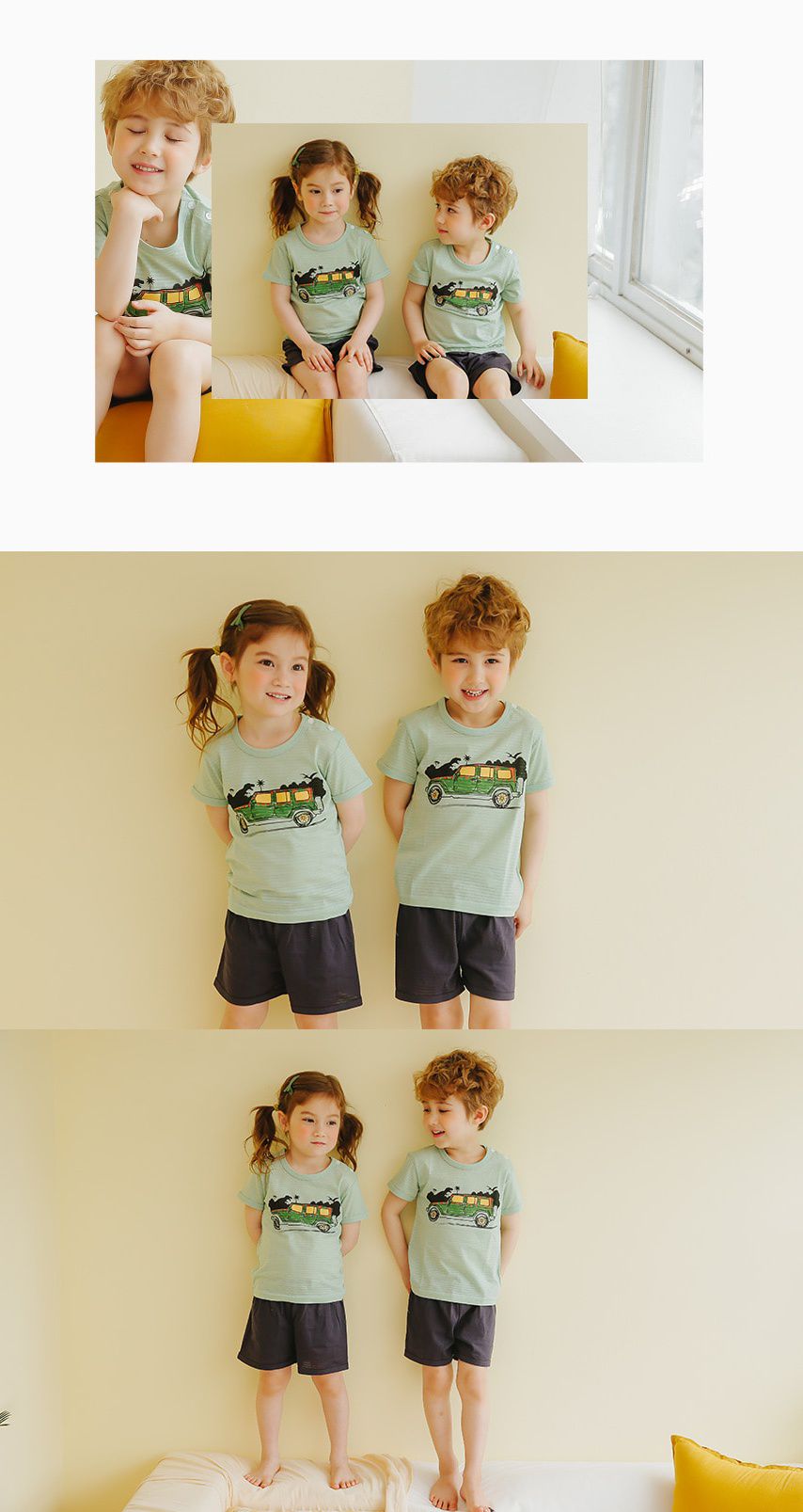 韓國 Puco - 有機棉透氣短袖家居服-恐龍車車