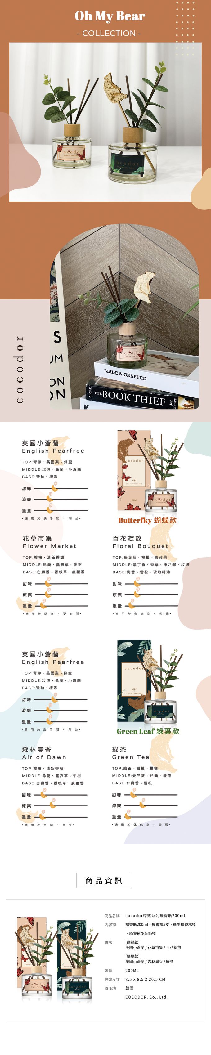 韓國 cocodor - 棕熊系列擴香瓶(綠葉款)-森林晨香-200ml