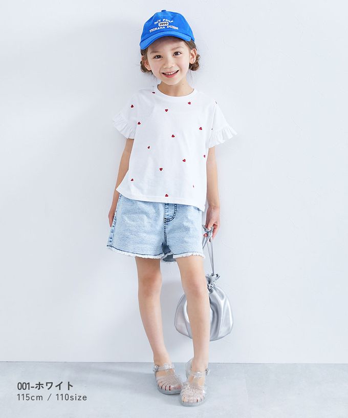 日本 devirock - 愛心印花荷葉邊短袖上衣-黑