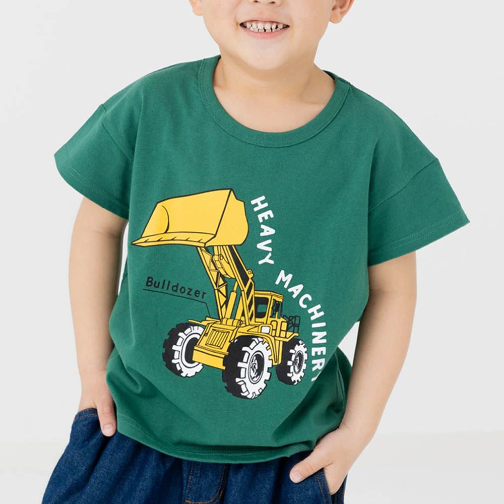 100%棉 定番印花短袖上衣-工程車-濃綠