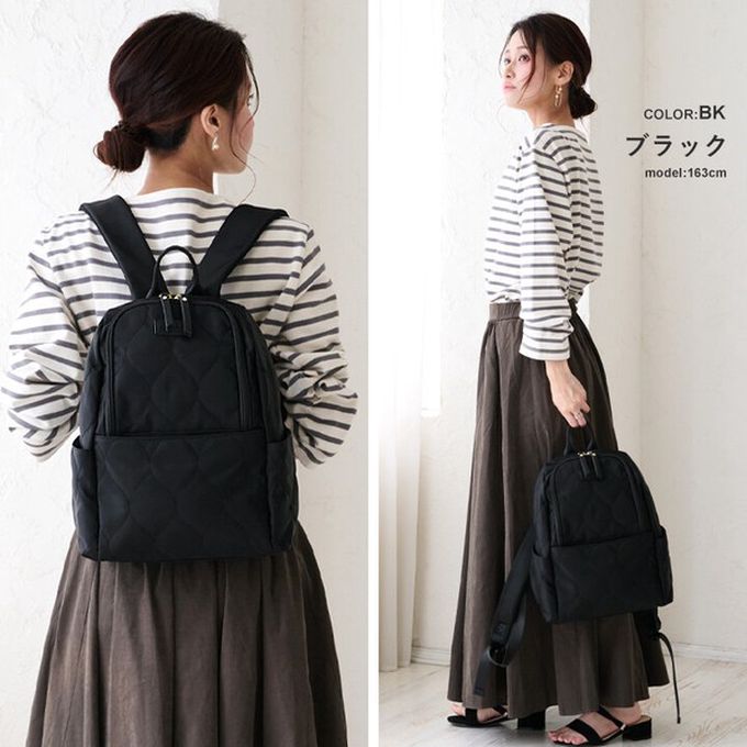 日本 LIZDAYS - 8口袋輕量絎縫防潑水時尚後背包-黑