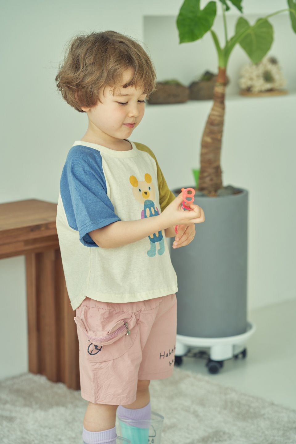 韓國 Mimico - 波波熊拼接色T-藍X褐