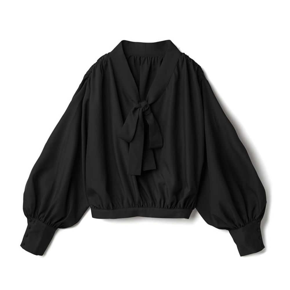 日本 GRL - 蝴蝶結綁帶領口短版寬鬆上衣-時尚黑