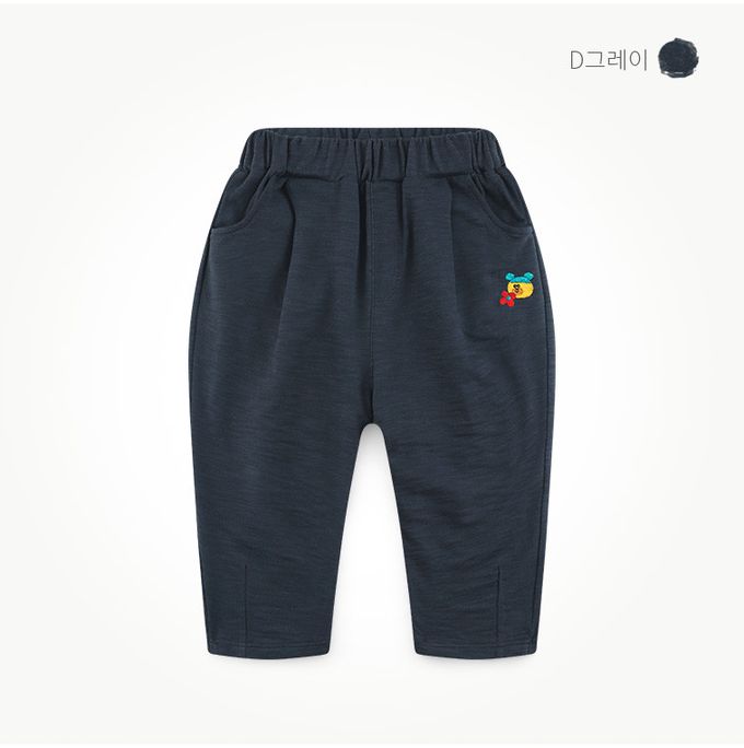 韓國 milk mile - 鬆緊腰小熊刺繡休閒長褲-深藍灰