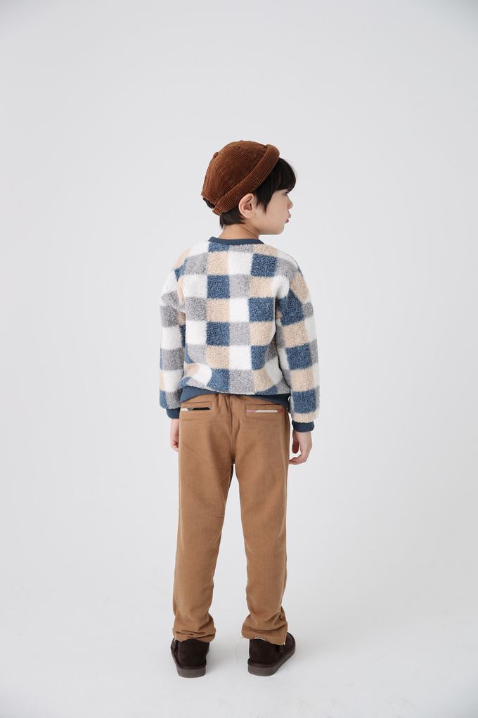 韓國 Coco Bang - 毛絨棋盤色塊紋長袖上衣-藍