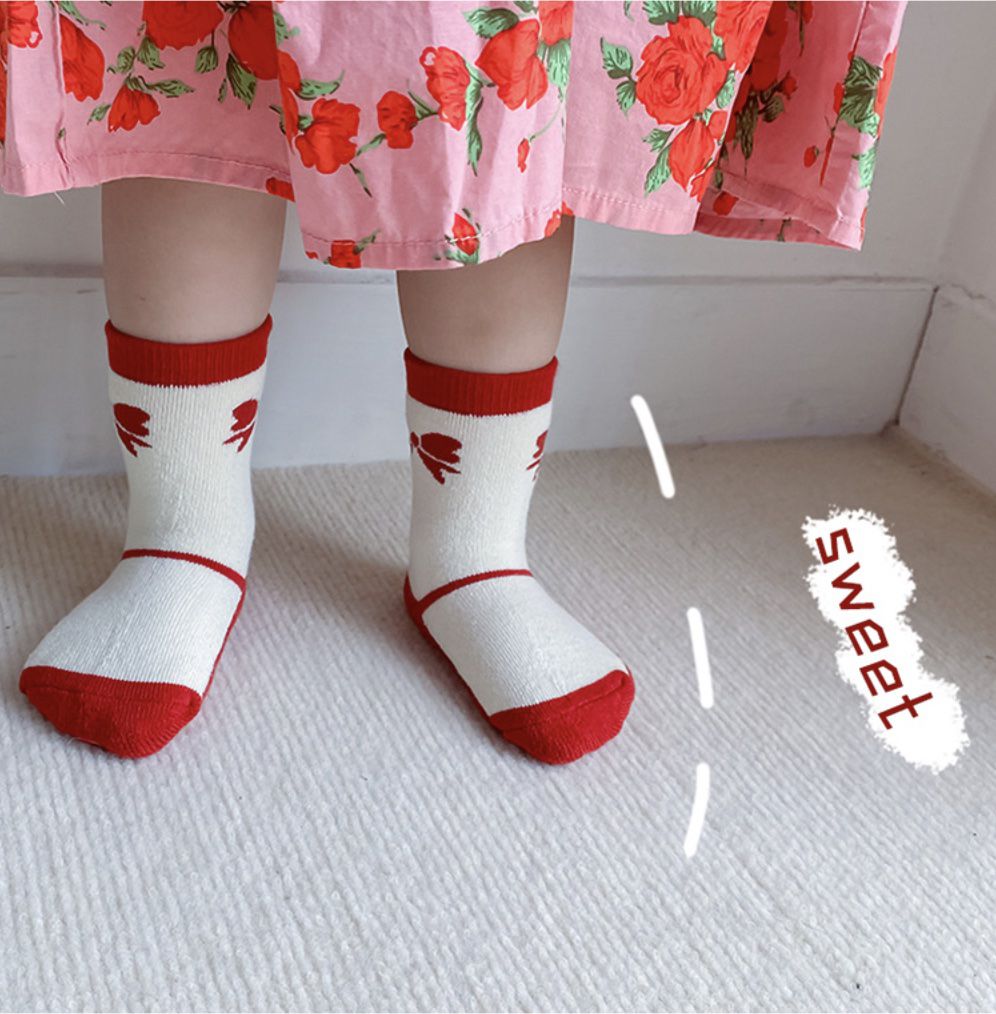 love, charlotte - 冬季紅色系可愛女孩毛圈內裡厚棉襪 ( 5雙一組）
