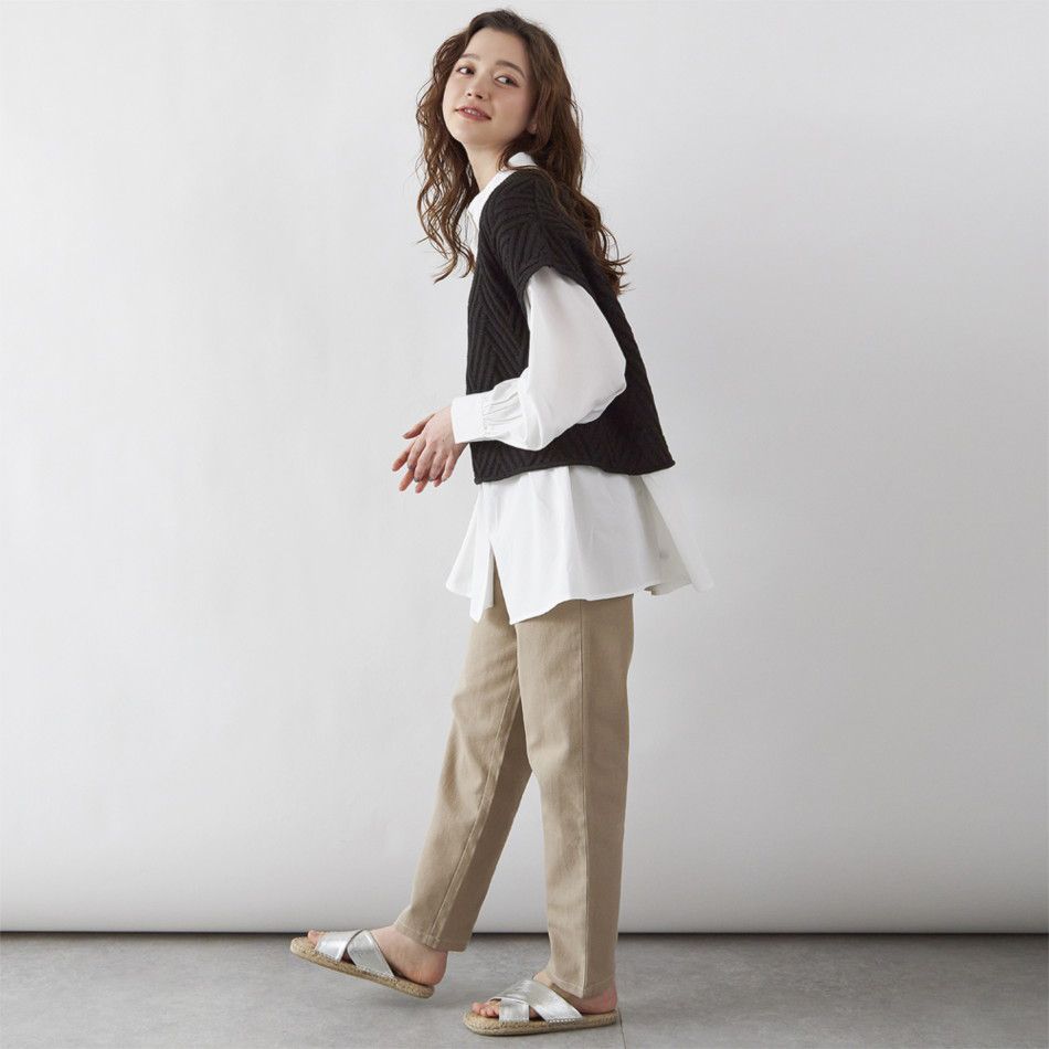 日本 Rejoule - 立體V字坑紋寬鬆針織背心-燕麥 (M(Free size))