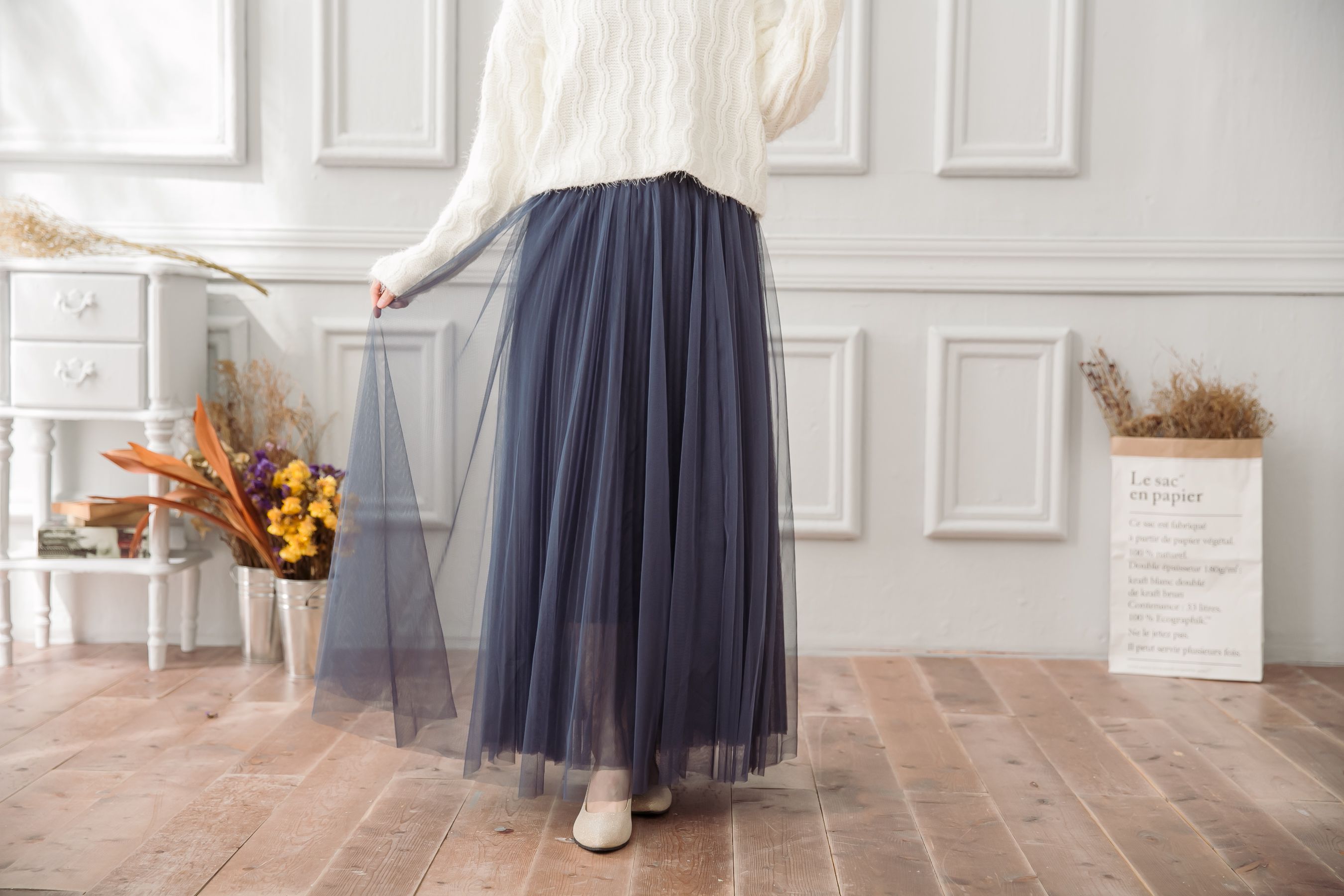 Peachy - 獨家訂製綿柔法式浪漫三層蓬紗裙-三層蓬版-午夜藍 (F)