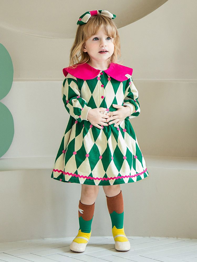 韓國 Pimpollo - 菱格紋撞色翻領洋裝-黃