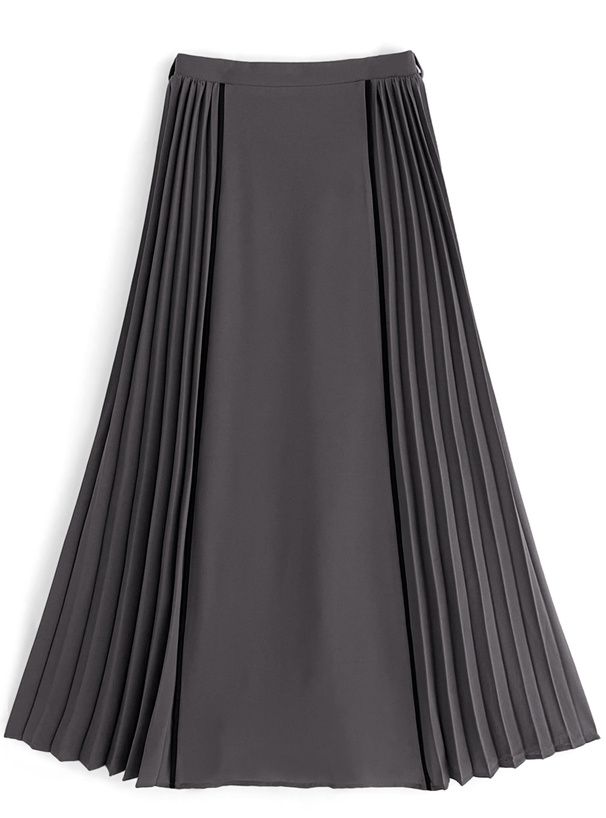 日本 GRL - 側面細百摺釦環搖曳長裙-灰