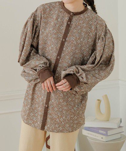 日本 Bou Jeloud - 森林碎花澎澎袖襯衫-摩卡