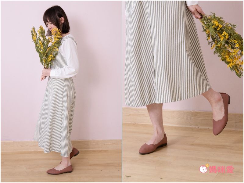 日本女裝代購 - 日本製 仿皮顯瘦尖頭柔軟波浪平底包鞋-焦糖