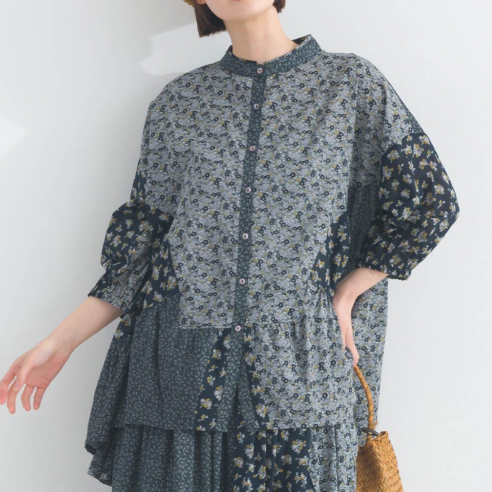 純棉巴里紗花朵拼布襯衫式上衣-黑