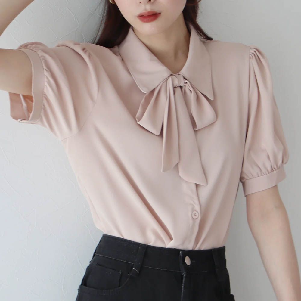 氣質蝴蝶結雪紡小澎袖襯衫-米杏