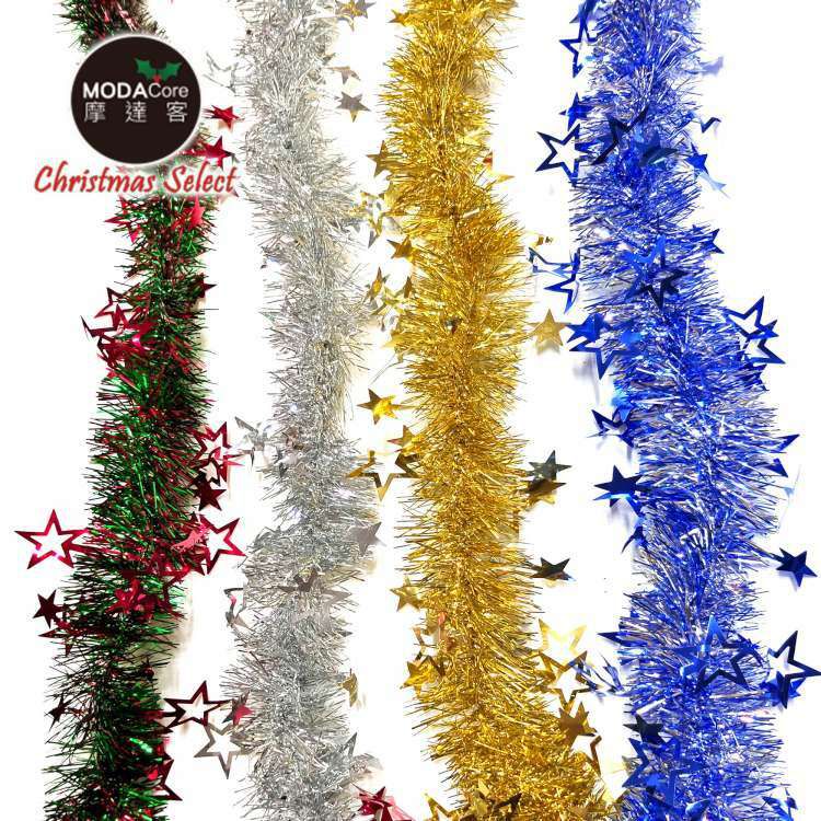MODACore 摩達客 - 5吋簍空雙色星星彩條金蔥條龍柱(3條一組-顏色隨機出貨) 可掛聖誕樹/門窗邊/牆沿/派對裝扮用