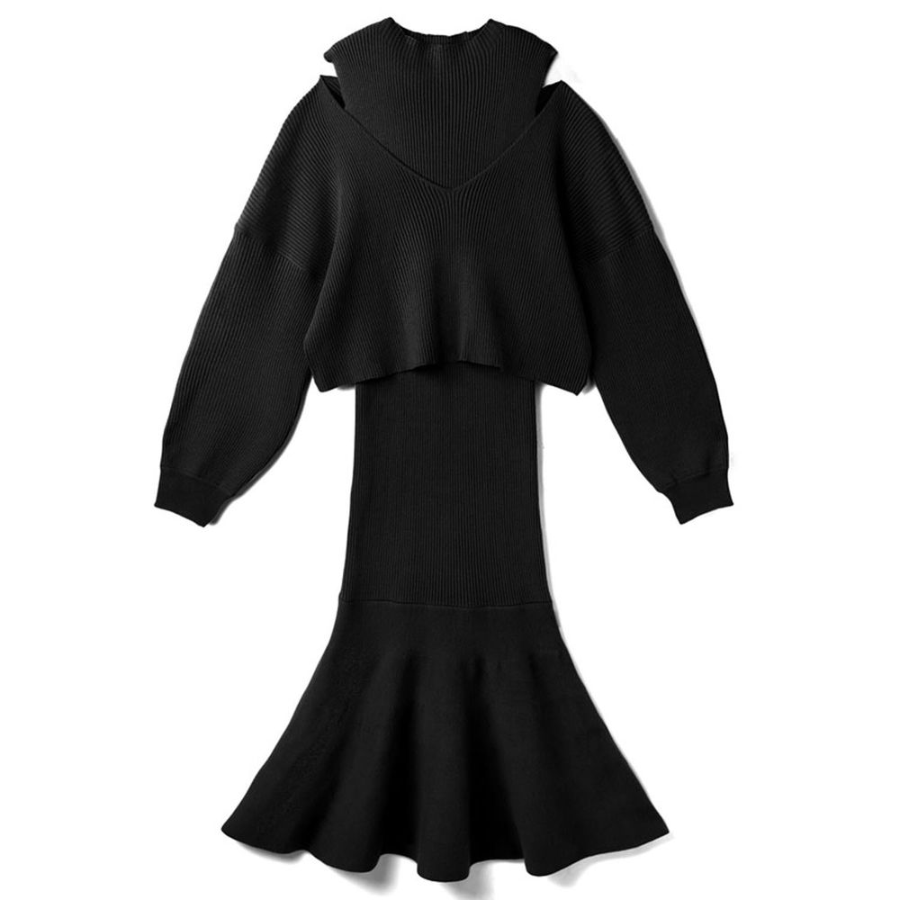 日本 GRL - 針織立領背心魚尾洋裝X寬鬆大V領毛衣兩件組-黑