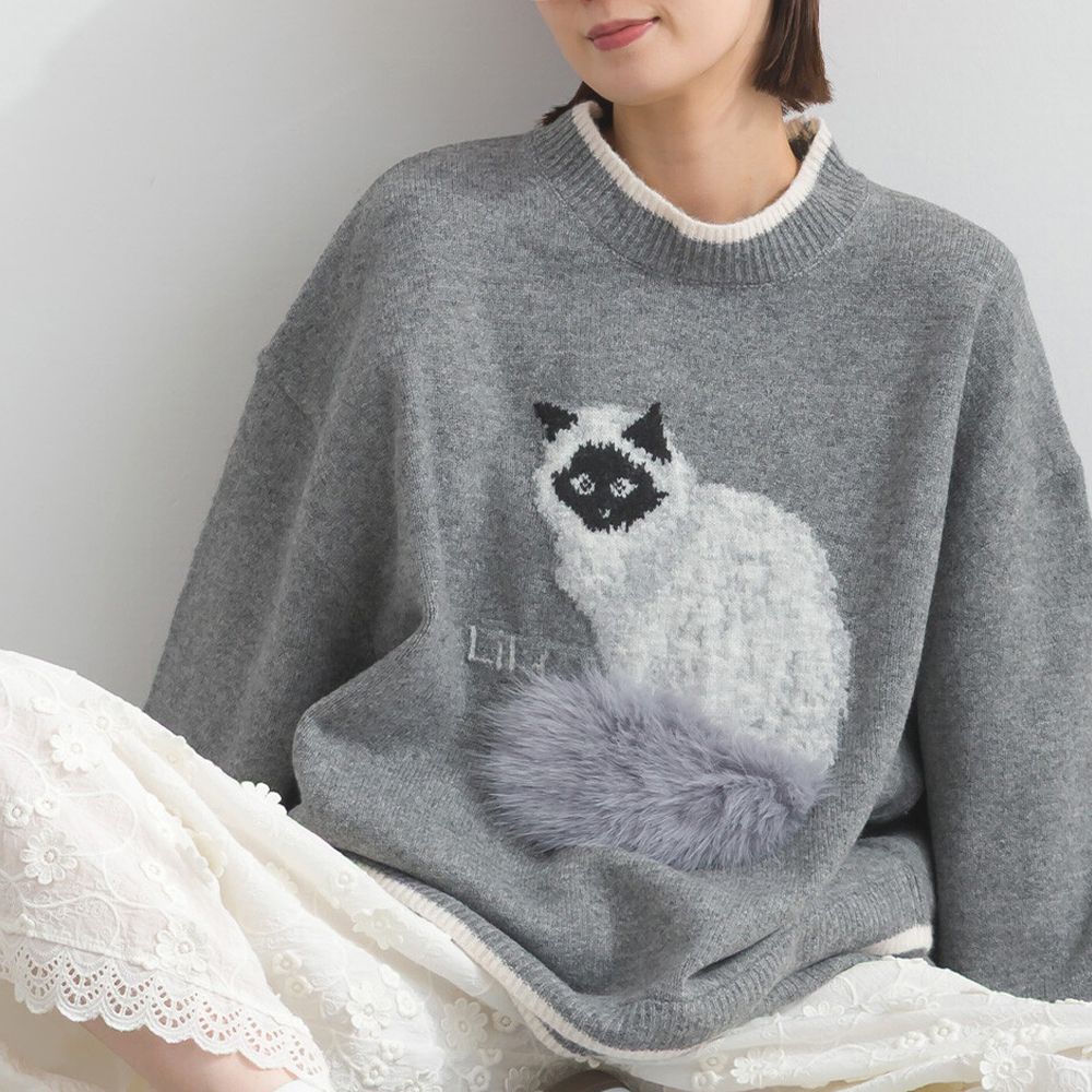 毛絨尾巴貓咪設計感針織長袖上衣-深灰