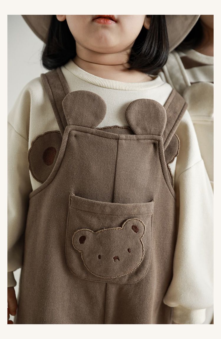 童趣造型吊帶長褲-熊熊小口袋-米白色