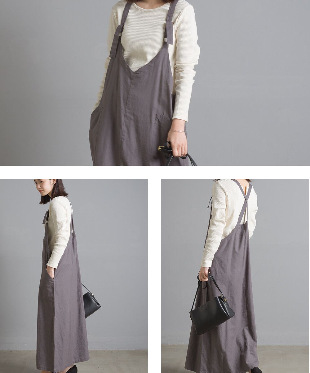 日本女裝代購 - V 領純棉斜紋吊帶裙-薑黃 (Free size)