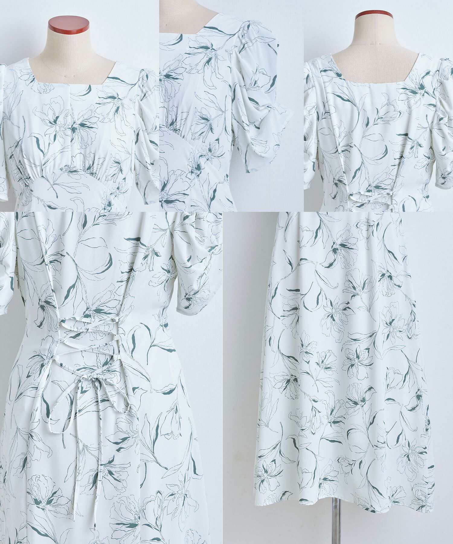 日本 tocco-closet - 典雅方領後綁帶泡泡袖洋裝-純潔百合-春芽綠