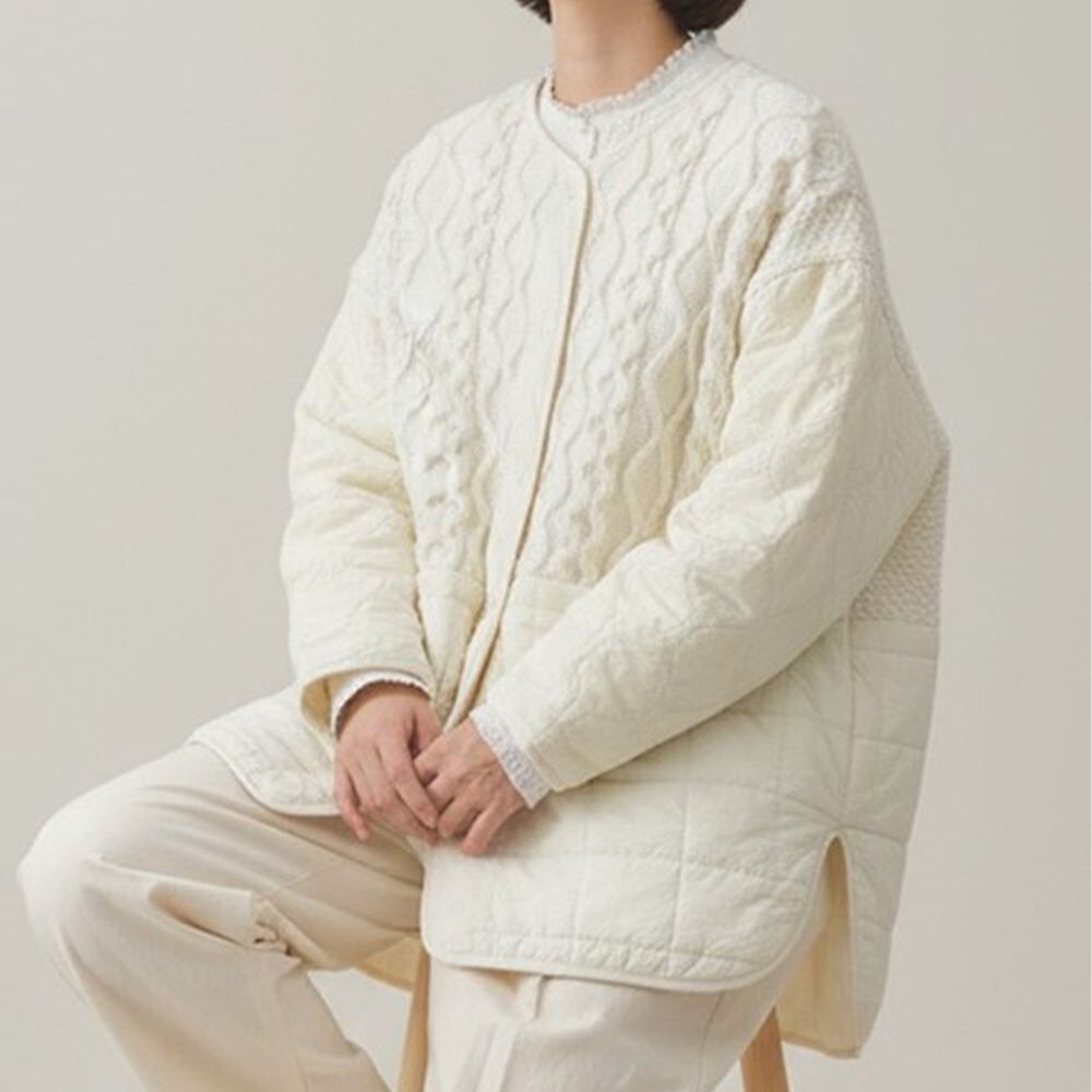 小清新麻花針織絎縫無領外套-米白